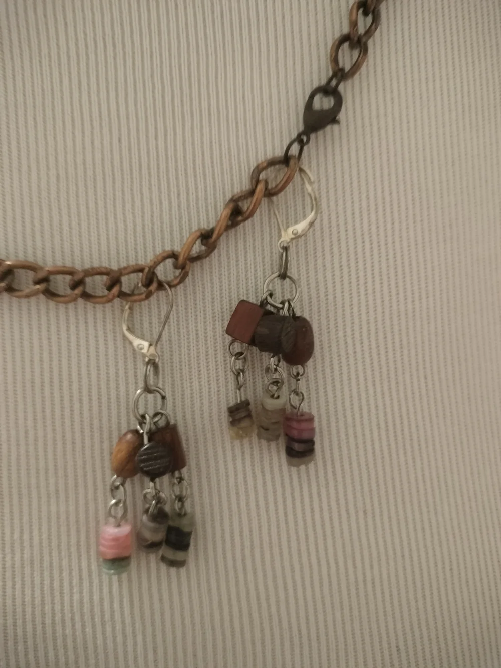 Boho Brown Green Blend Beaded Tassel Necklace - Earrings Set - VTG